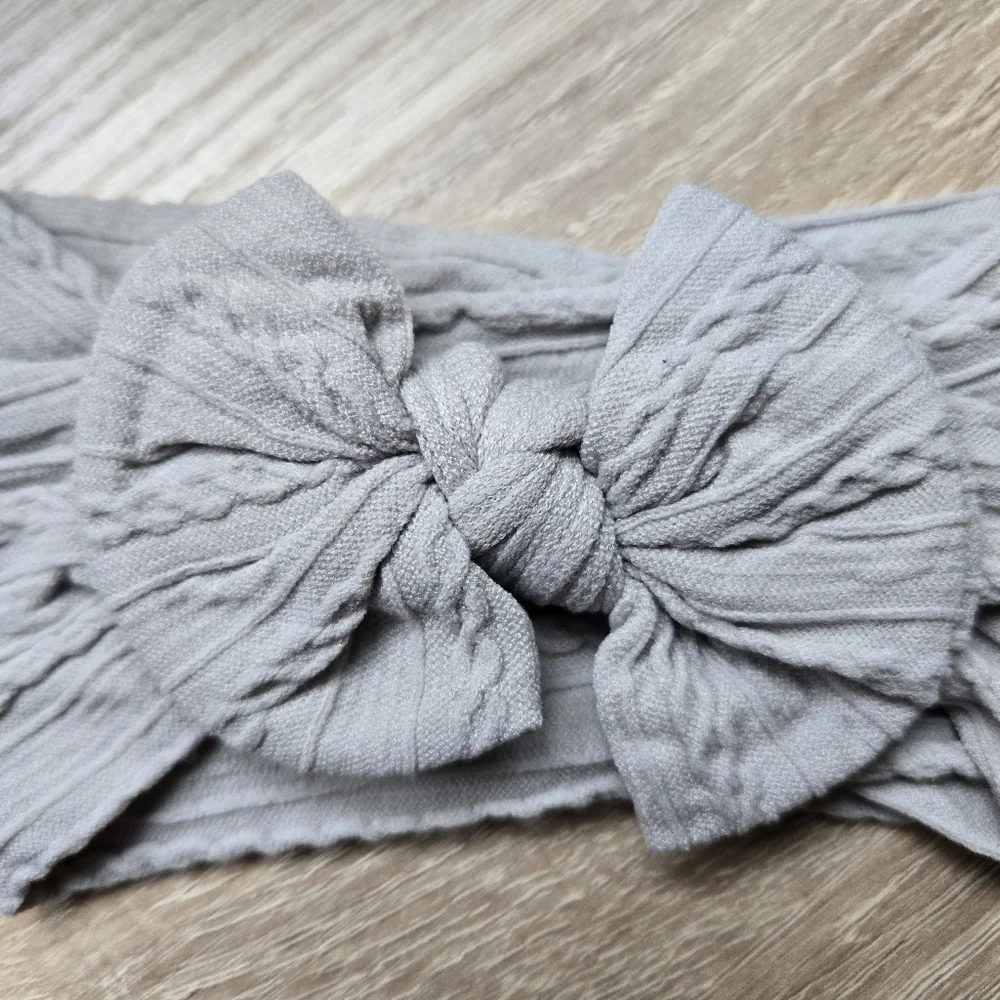 Cable Knit Baby Girl Headband Large Bow Light Gray Elastic Newborn Head Wrap